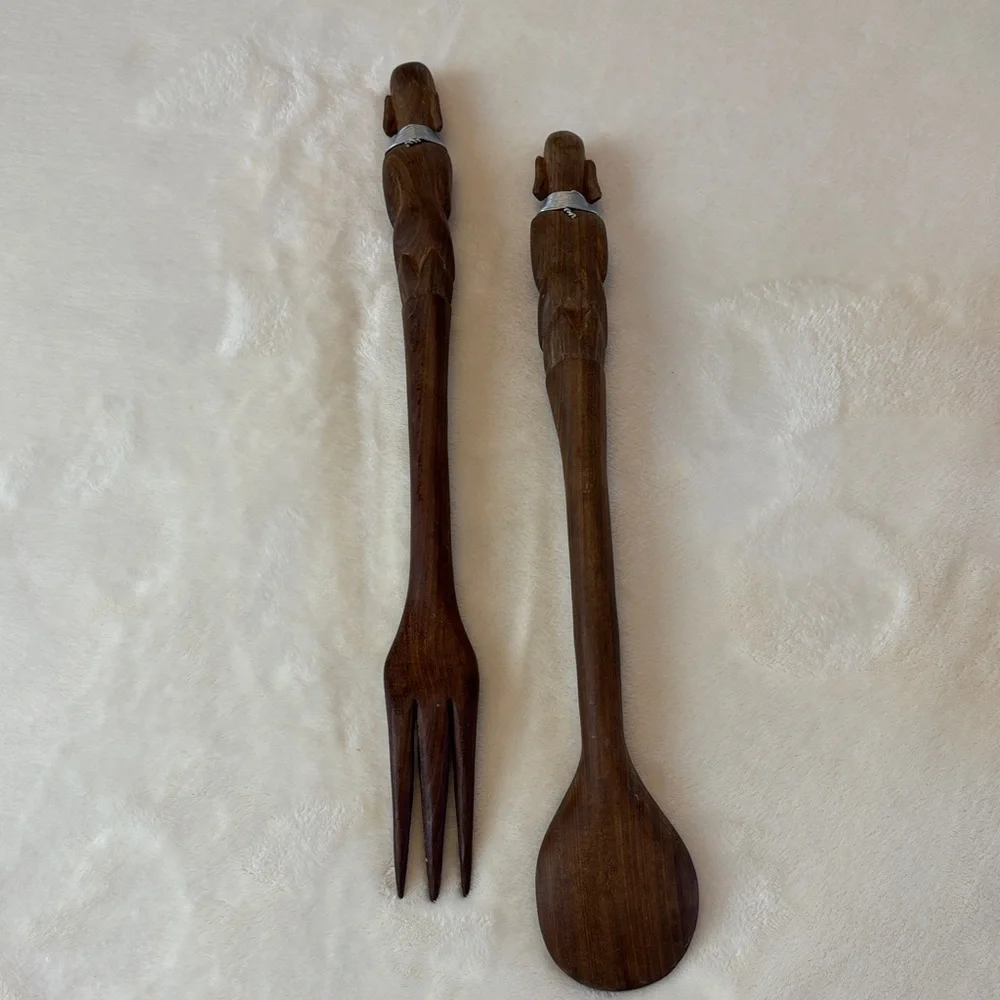 Mid-Century Wooden Dining Set with Carved Handles African Motif Condiment Bowls